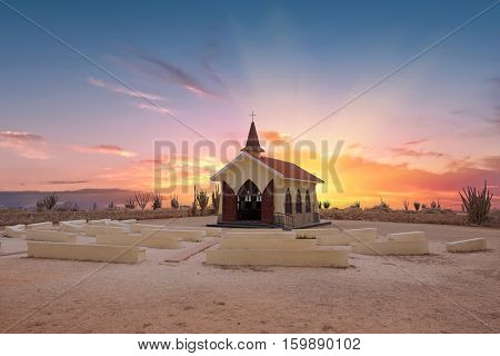 Alto Vista Chapel on Aruba island in the Caribbean at sunset