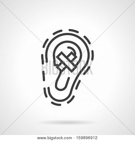 Negative hearing test. Human ear with crossed sign. Symbol of hear loss and deafness. Effects of noise pollution, smoking, unhealthy lifestyle. Black simple line style design vector icon.