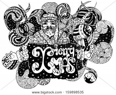 Santa in scetchy art with abstract frozen christmas balls on the backdrop. Christmas doodles pattern for coloring book. Hand drawn decorative elements in vector. Fancy Christmas balls. Black and white