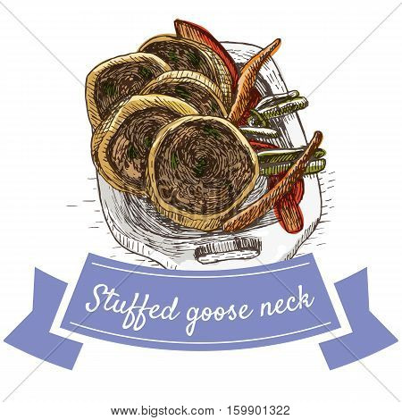 Stuffed goose or chicken neck colorful illustration. Vector illustration of israeli cuisine.