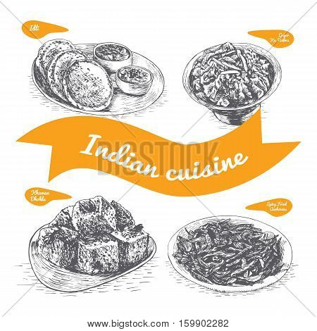 Monochrome vector illustration of Indian cuisine and cooking traditions
