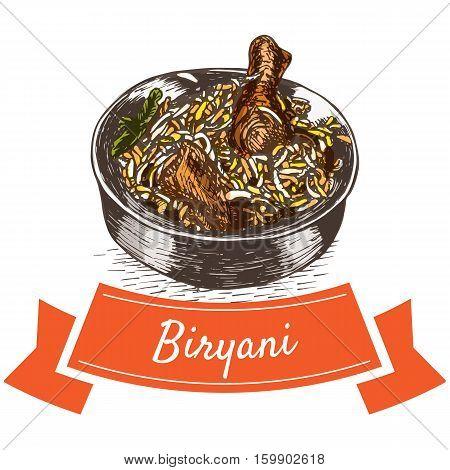 Biryani colorful illustration. Vector illustration of Indian cuisine.