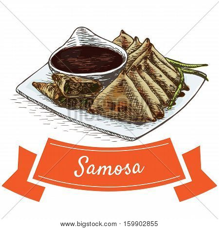Samosa colorful illustration. Vector illustration of Indian cuisine.