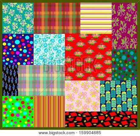 Coverlet from pieces of cloth with different patterns, vector image.