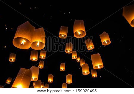 Floating lanterns ceremony or Yee Peng ceremony, traditional Lanna Buddhist ceremony in Chiang Mai, Thailand