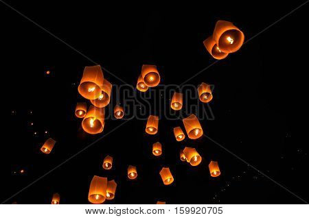 Floating lanterns ceremony or Yee Peng ceremony, traditional Lanna Buddhist ceremony in Chiang Mai, Thailand