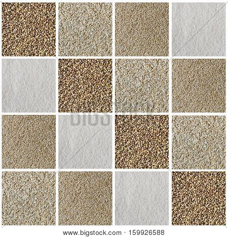 Collage consisting of different type of cereals flakes seeds grains. Quinoa cut wheat semolina and buckwheat. Healthy lifestyle concept. Food textured background.