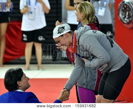 Hong Kong China - Oct 29 2016. Olympic world and European champion World record holder swimmer Katinka HOSSZU (HUN) at the Victory Ceremony of Women's Freestyle 200m. FINA Swimming World Cup.