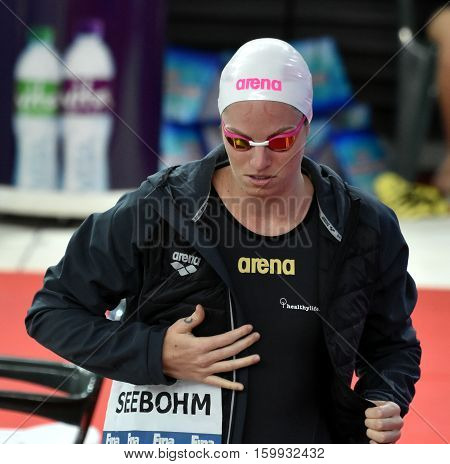 Hong Kong China - Oct 29 2016. SEEBOHM Emily (AUS) before the Women's Backstroke 50m Final. FINA Swimming World Cup Victoria Park Swimming Pool.