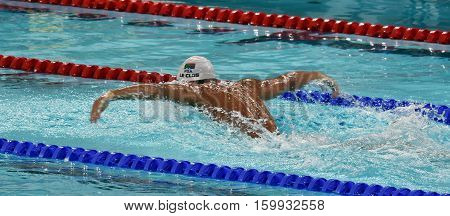 Hong Kong China - Oct 29 2016. Olympic and world champion swimmer LE CLOS Chad (RSA) swimming in the Men's Butterfly 200m Final. FINA Swimming World Cup Victoria Park Swimming Pool.