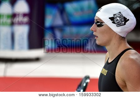 Hong Kong China - Oct 29 2016. Olympic world and European champion World record holder swimmer Katinka HOSSZU (HUN) at the start in Women's Individual Medley 200m Final. FINA Swimming World Cup.