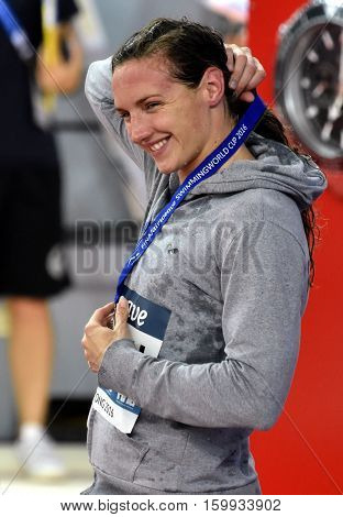 Hong Kong China - Oct 29 2016. Olympic world and European champion swimmer Katinka HOSSZU (HUN) at the Victory Ceremony of Women's Individual Medley 200m Final. FINA Swimming World Cup.