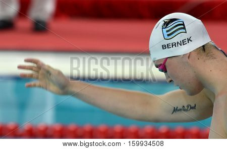 Hong Kong China - Oct 29 2016. Olympian and World Youth gold medalist Peter BERNEK (HUN) at the start of Men's Freestyle 200m Final. FINA Swimming World Cup Victoria Park Swimming Pool.
