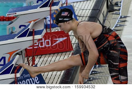 Hong Kong China - Oct 29 2016. Competitive swimmer WORRELL Kelsi (USA) at the start of Women's Freestyle 50m Final. FINA Swimming World Cup Victoria Park Swimming Pool.