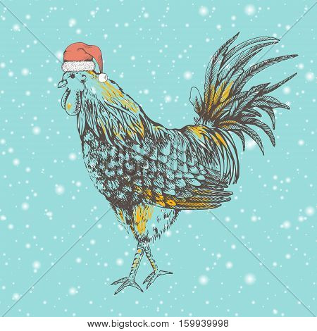 Outline design handmade illustration with rooster. Snowfall. Hand drawn brown cock on beige background. Illustration of vector for your design. Rooster - symbol Chinese New Year 2017