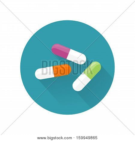 Pills vector illustration in flat style design. Variety types of drugs, dragees, gelatin capsules, pill. Antibiotic, analgesic, antidepressant. Pharmaceuticals goods. Isolated on white background.