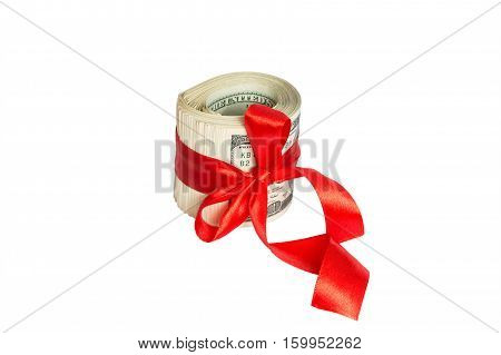 Christmas dollar cash present with red bow Isolated on white background