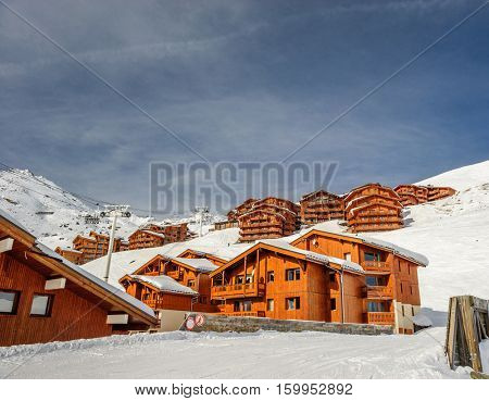 Mountain ski resort with snow in winter, Val Thorens, Alps, France