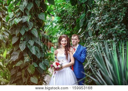 Wedding. Young happy bride and groom together in garden. Marriage concept