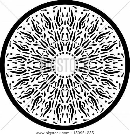 Black and white outline mandala circular ornament. Intricate pattern. Adult anti stress coloring book page. Web design element isolated on white background. Vector illustration