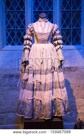 Leavesden, London, UK - 1 March 2016: Ghost's dress in the The great Hall. Warner Brothers Studio display of decorations for Harry Potter film