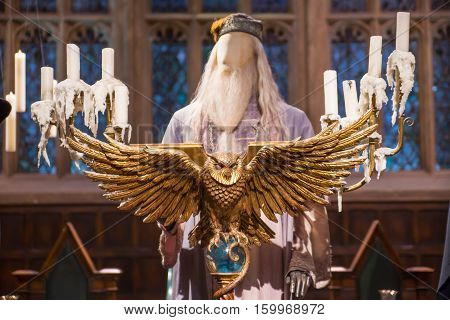 Leavesden, London, UK - 1 March 2016: Speech platform and Professor Dumbledore costume. Warner Brothers Studio display 