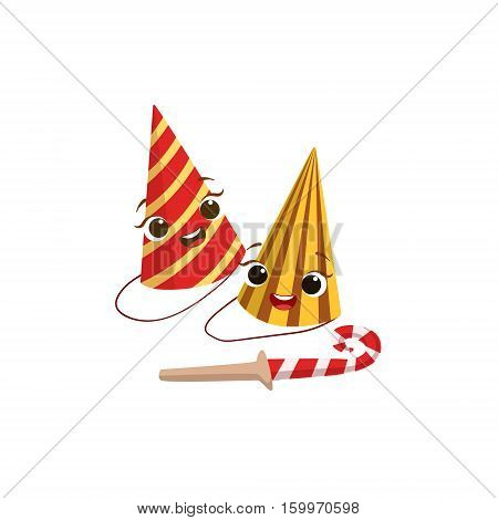 Two Paper Party Hats And Horn Kids Birthday Party Happy Smiling Animated Object Cartoon Girly Character Festive Illustration. Part Of Vector Collection Of Fantasy Creatures On Children Celebration Flat Drawings.