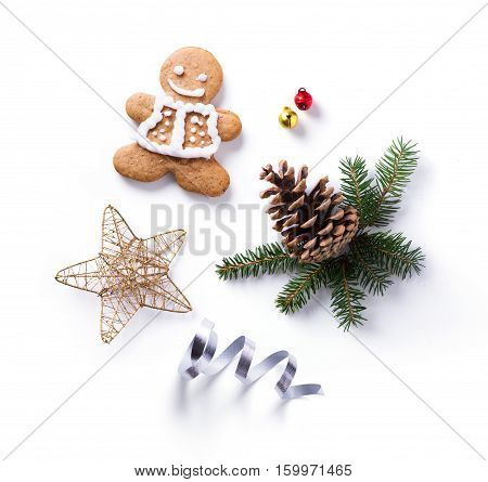 Christmas holiday Decoration; Christmas gift fir tree branches and Christmas ornamen on white background. Flat lay top view