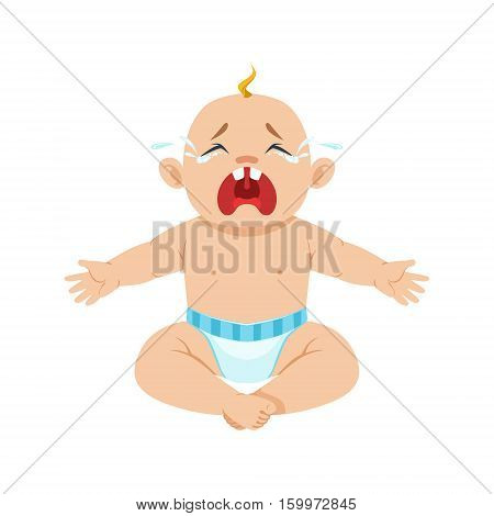 Little Baby Boy Sitting In Nappy Crying Hesterically With Eyes Full Of Tears, Part Of Reasons Of Infant Being Unhappy Cartoon Illustration Collection. Infancy And Parenthood Info Vector Drawings With Explanations Why Toddler Is Upset.