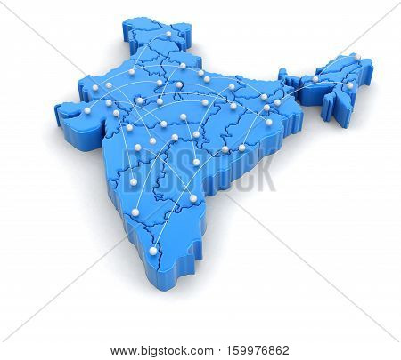 3D Illustration. Map of India with flight paths. Image with clipping path.