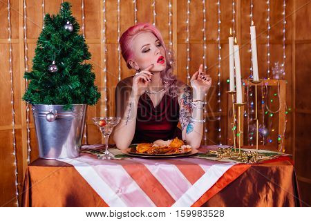 Gorgeous Young Woman Drinks Champagne