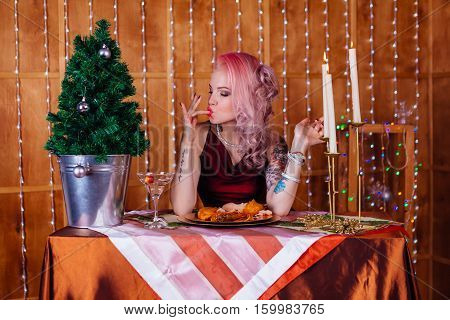 Gorgeous Young Woman Drinks Champagne