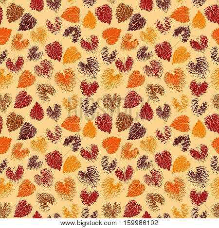 Seamless Autumn Color Realistic Pattern With A Silhouette Of The Leaves.