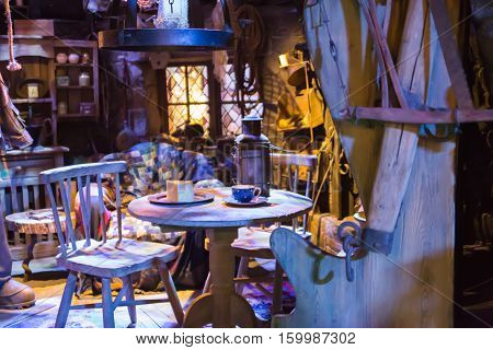 Leavesden, London, UK - 1 March 2016: Interior of Hut, house of Hagrid. Decoration of Warner Brothers Studio