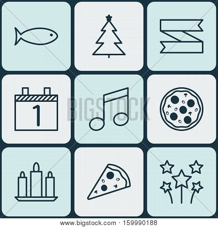 Set Of 9 New Year Icons. Can Be Used For Web, Mobile, UI And Infographic Design. Includes Elements Such As Blank, Meal, Slice And More.
