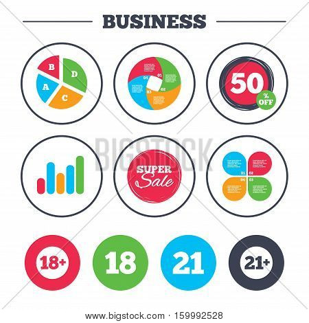 Business pie chart. Growth graph. Adult content icons. Eighteen and twenty-one plus years sign symbols. Super sale and discount buttons. Vector