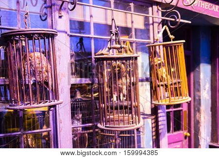 Leavesden, London, UK - 1 March 2016: Shops  windows display with magic objects in Diagon Alley from Harry Potter film. Warner Brothers Studio
