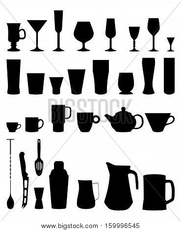 Bar glasses and cups isolated on white background