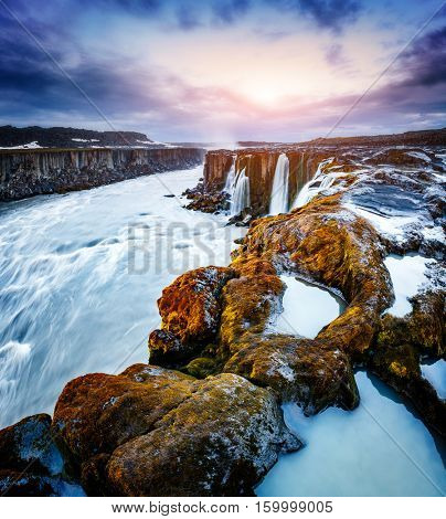 Rapid flow of water powerful Selfoss cascade. Unusual and gorgeous scene. Popular tourist attraction. Location famous place Vatnajokull National Park, Jokulsa a Fjollum, Iceland, Europe. Beauty world.