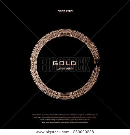 Bronze Glitter, Sparkles Pattern. Copper Frame On A Black Background. Patina, Golden Quartz Circle. 