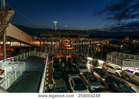 Tsawwassen, Canada - September 01, 2018: Bc Ferries Tsawwassen Terminal Cars On The Ferry Vessel Ear