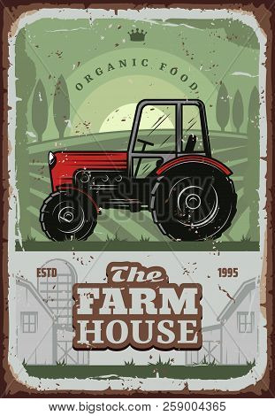 Farm House, Farmer Agriculture Household. Vector Vintage Design Of Farm Tractor Or Harvest Combiner 