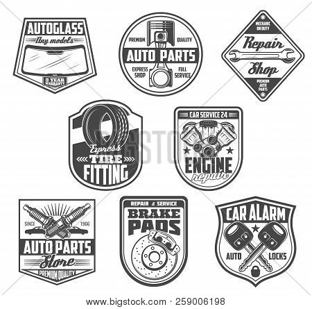 Car Service, Auto Spare Parts Store Icons. Vector Windshield Autoglass, Engine Valve Or Wrench And S