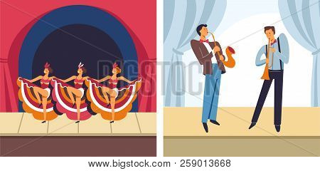 Concert Female Dancers And Male Musicians Set Vector