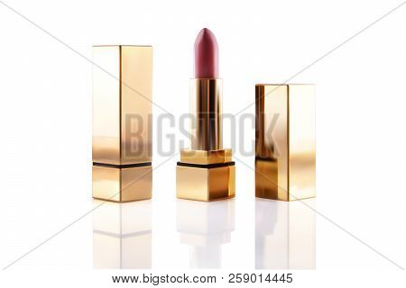 Realistic Lipstick Cosmetic Makeup Mockup Set. Vector 3d Pink Red Golden Color Pomade Tube. Beauty F