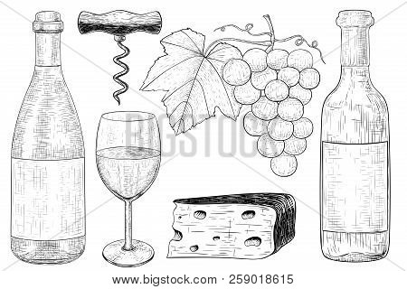 Wine Set. Botlle Of Wine, Glass, Grapes, Cheese, Corkscrew. Hand Drawn Sketch. Vintage Style. Vector