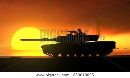 Abrams Tanks Is Moving Rapidly Against The Setting Sun In The Sea.