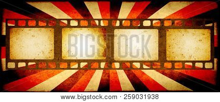 Grunge horizontal background with retro filmstrips and old paper texture with striped brust pattern