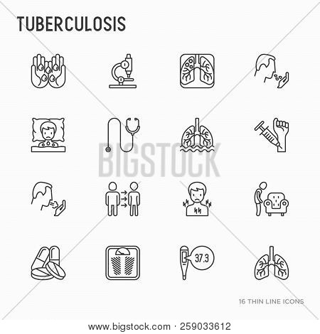 Tuberculosis Thin Line Icons Set: Infection In Lungs, X-ray Image, Dry Cough, Pain In Chest And Shou