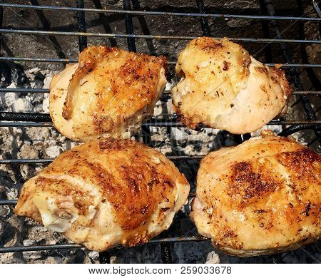 Beautiful Tasty Food From Slice Grilled Chicken Meats, Roast On Metal Brazier. Meat Of Bird With Cri